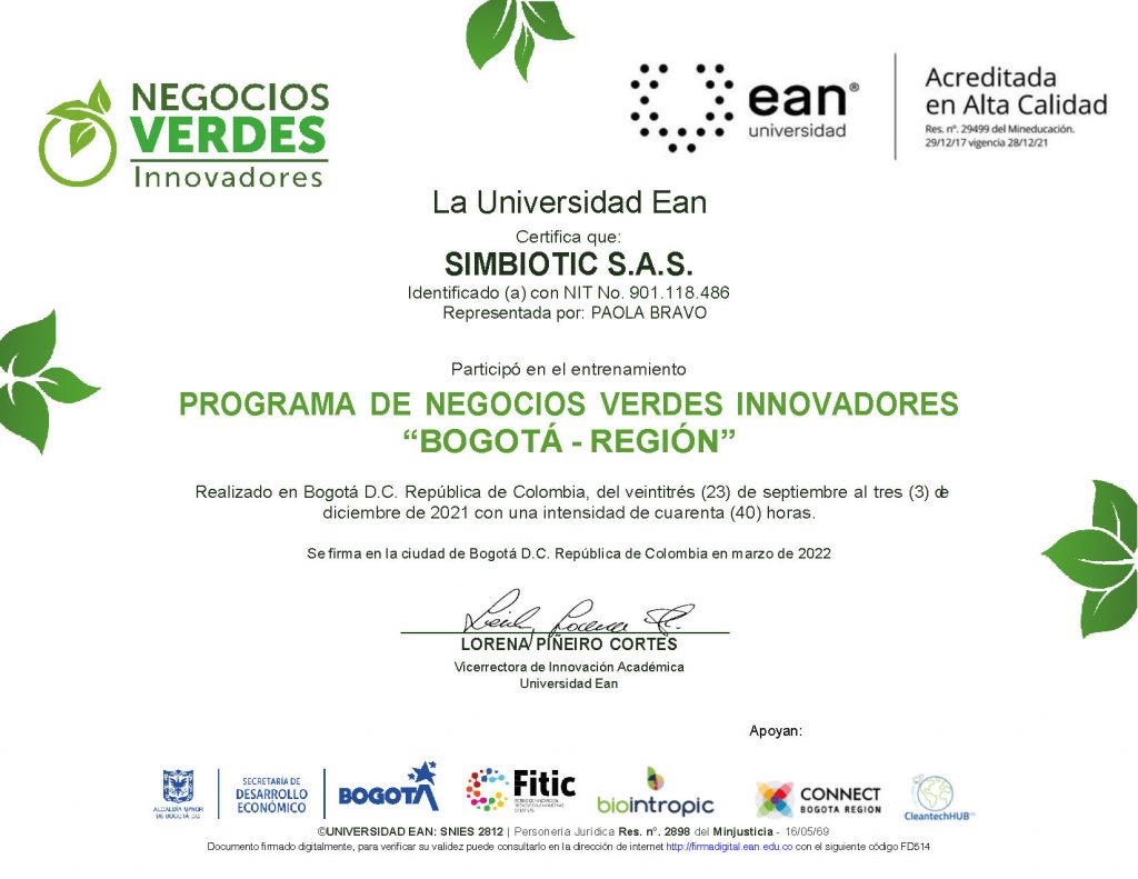 Participación diploma Programa Negocios Verdes Innovadores