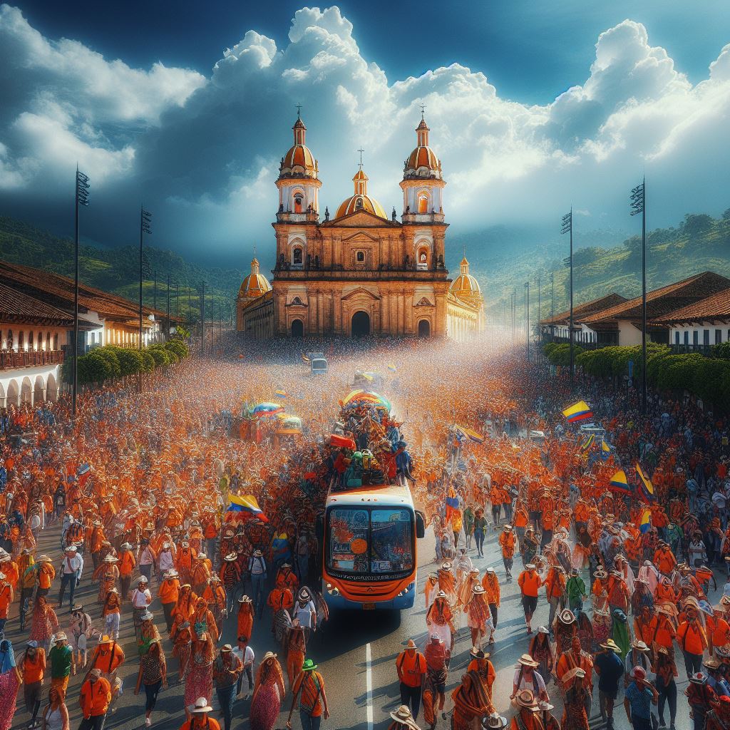 Imagen generada con IA donde se visualiza una multitud de colombianos en trajes tipcos avompañados de un bus con una escena de una iglesia como zona turística de importancia.